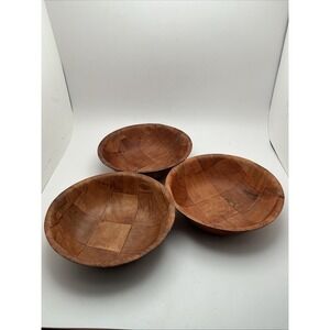Vintage Wooden Checkerboard PatchWork Wooden Salad Snack Bowl Set Of 3